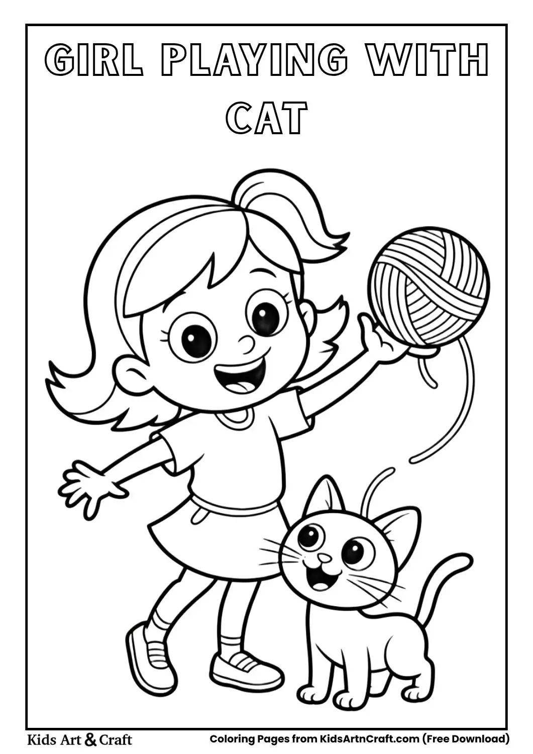 girl playing with cat yarn coloring page