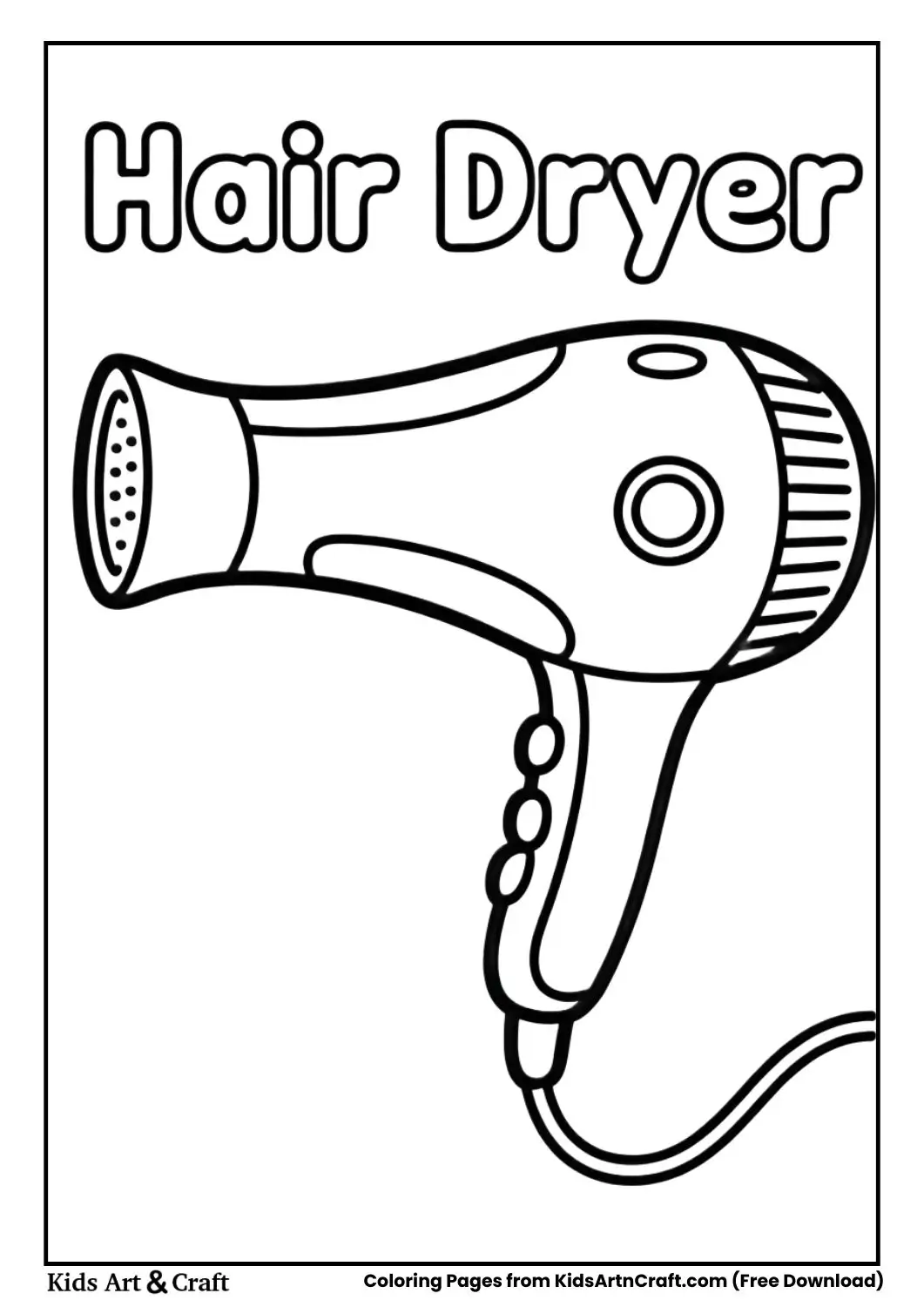 Hair dryer black and white coloring page for kids