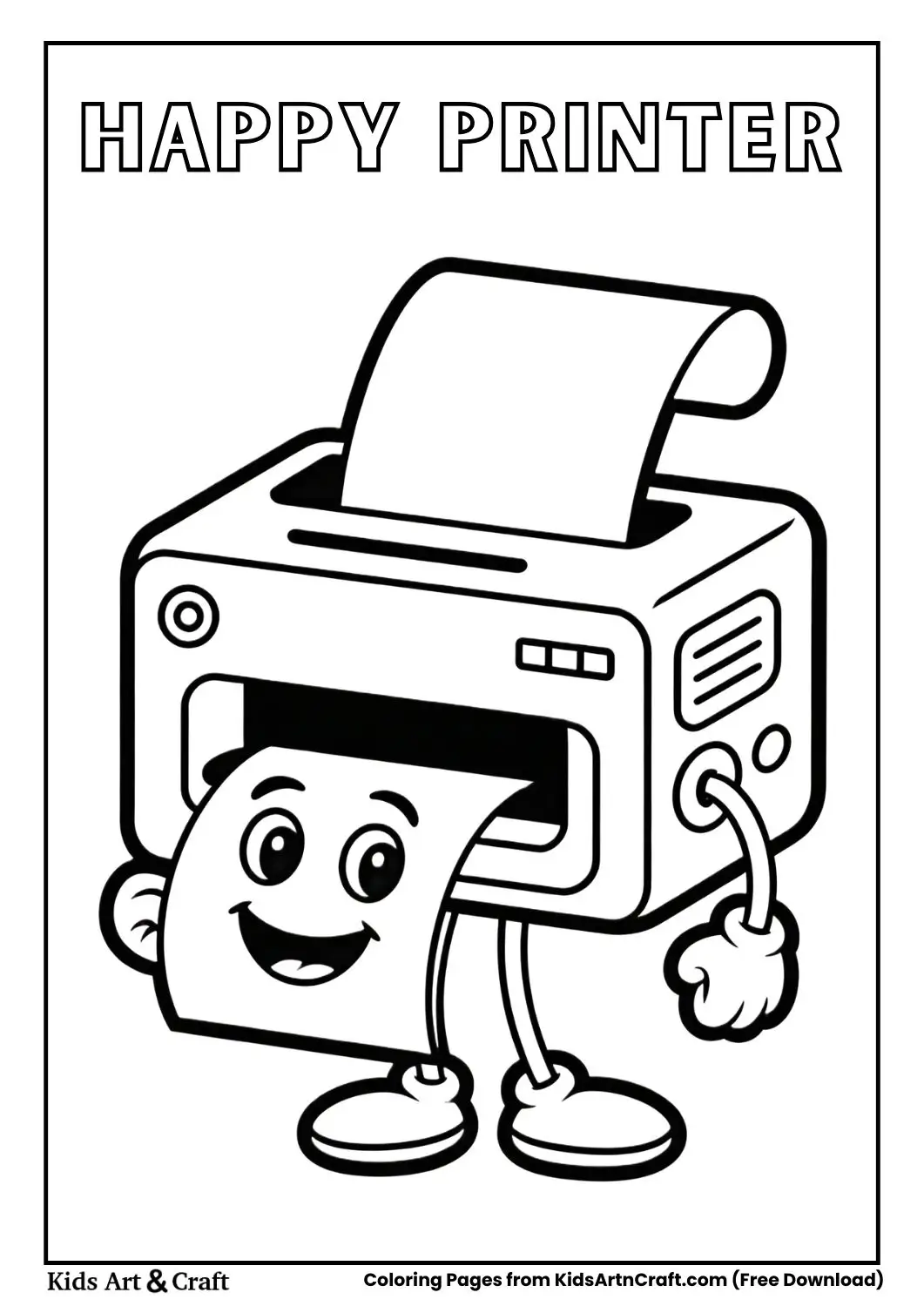 Cute printer printing smiling paper cartoon coloring page