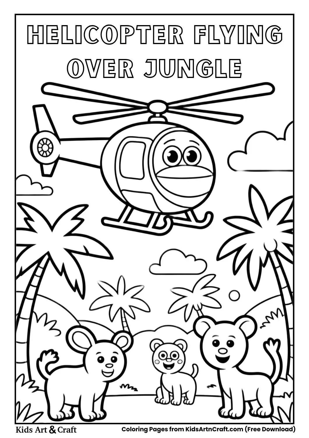 Helicopter flying above jungle with palm trees black and white coloring page