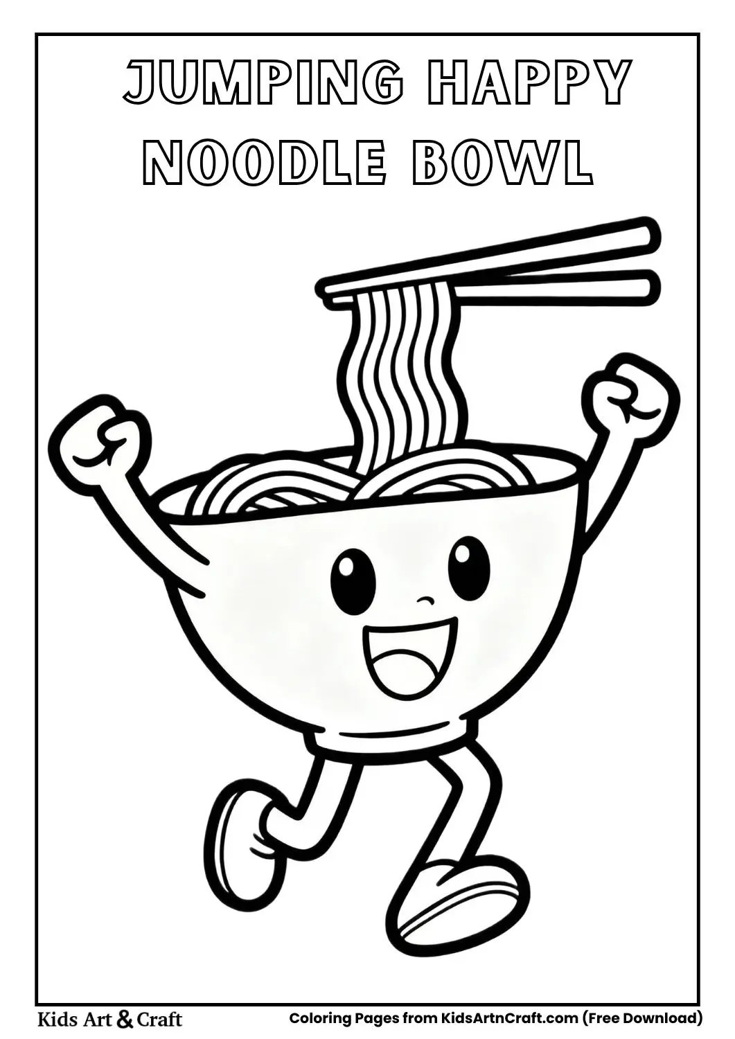 Happy noodle bowl jumping cartoon coloring page