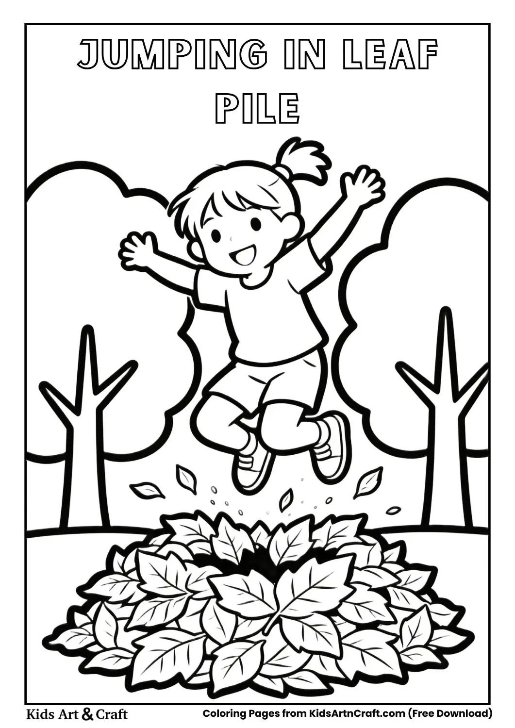 Child jumping into leaf pile line art
