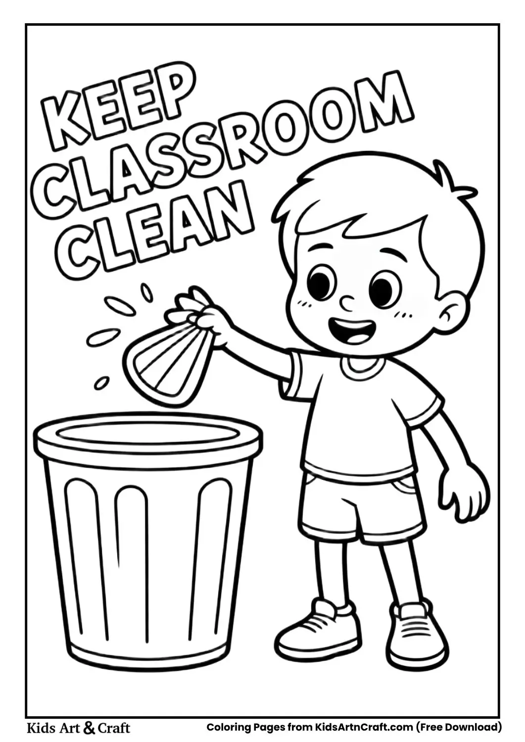 Child throwing trash in bin classroom rule coloring page