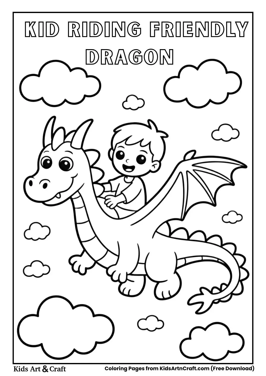 Kid riding a cute friendly dragon flying through clouds coloring page.