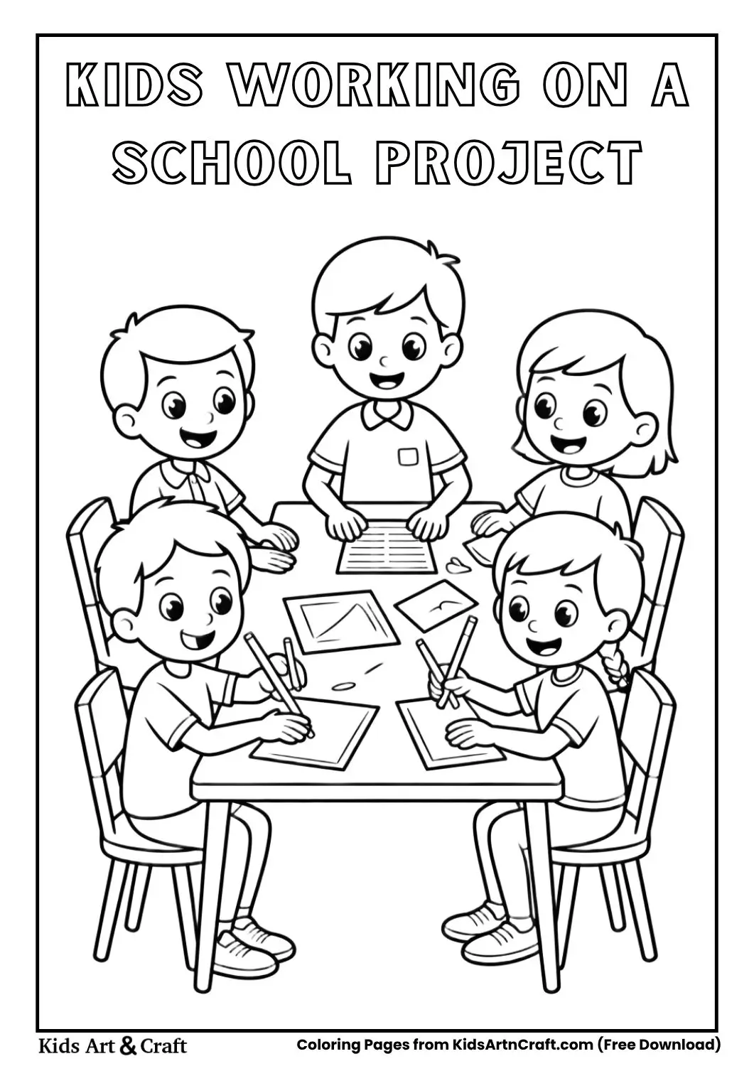 children working together on a school project teamwork coloring page