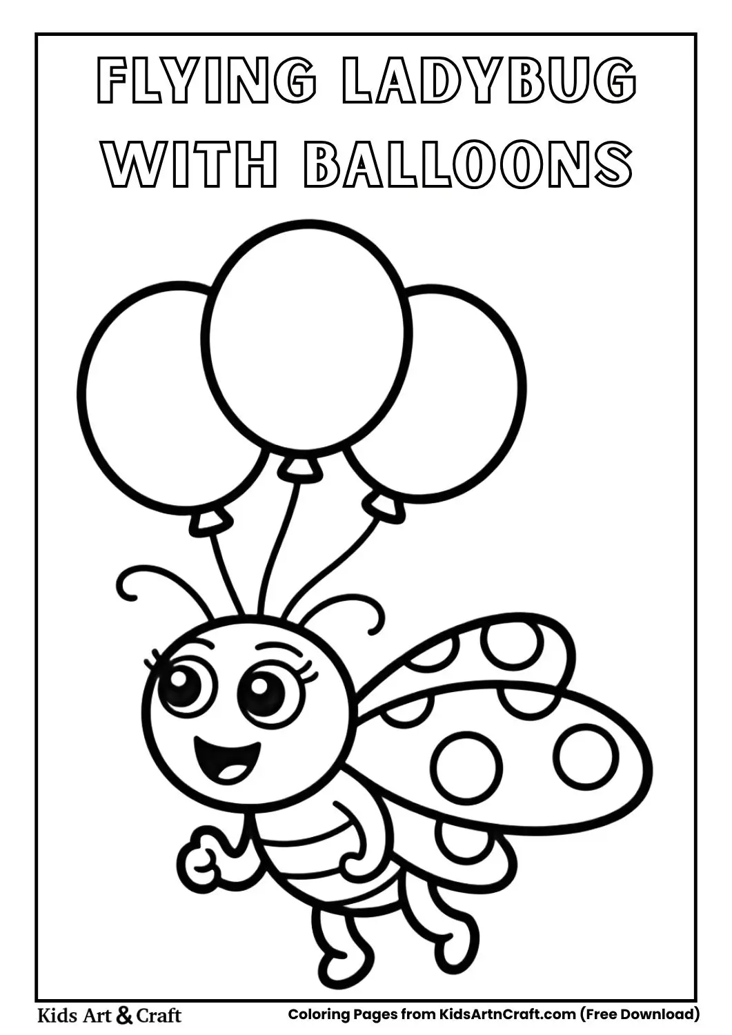 cartoon ladybug flying with balloons black and white coloring page.