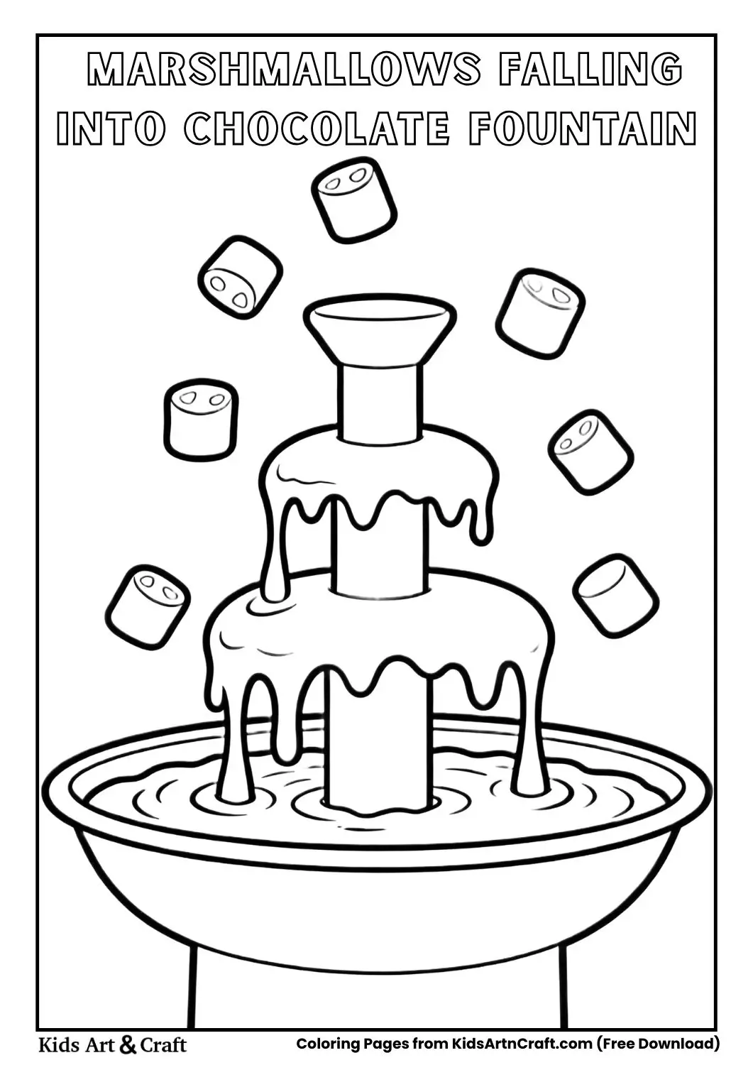 Marshmallows falling into chocolate fountain coloring page
