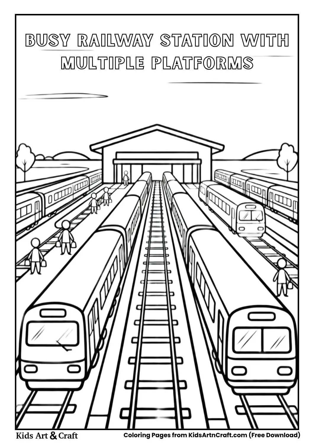 Station with many platforms, trains and passengers walking