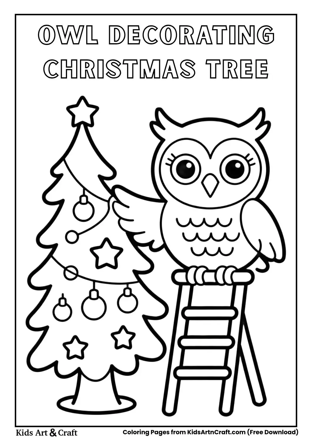 cute owl on ladder decorating Christmas tree with star ornaments coloring page
