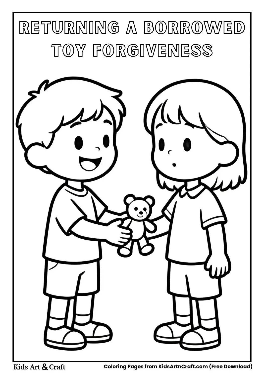 Child returning borrowed toy forgiveness kids coloring page