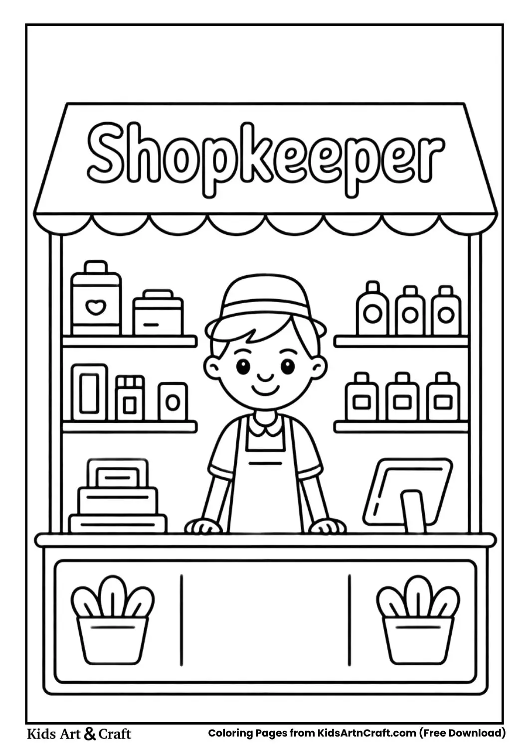 shopkeeper at store counter coloring page