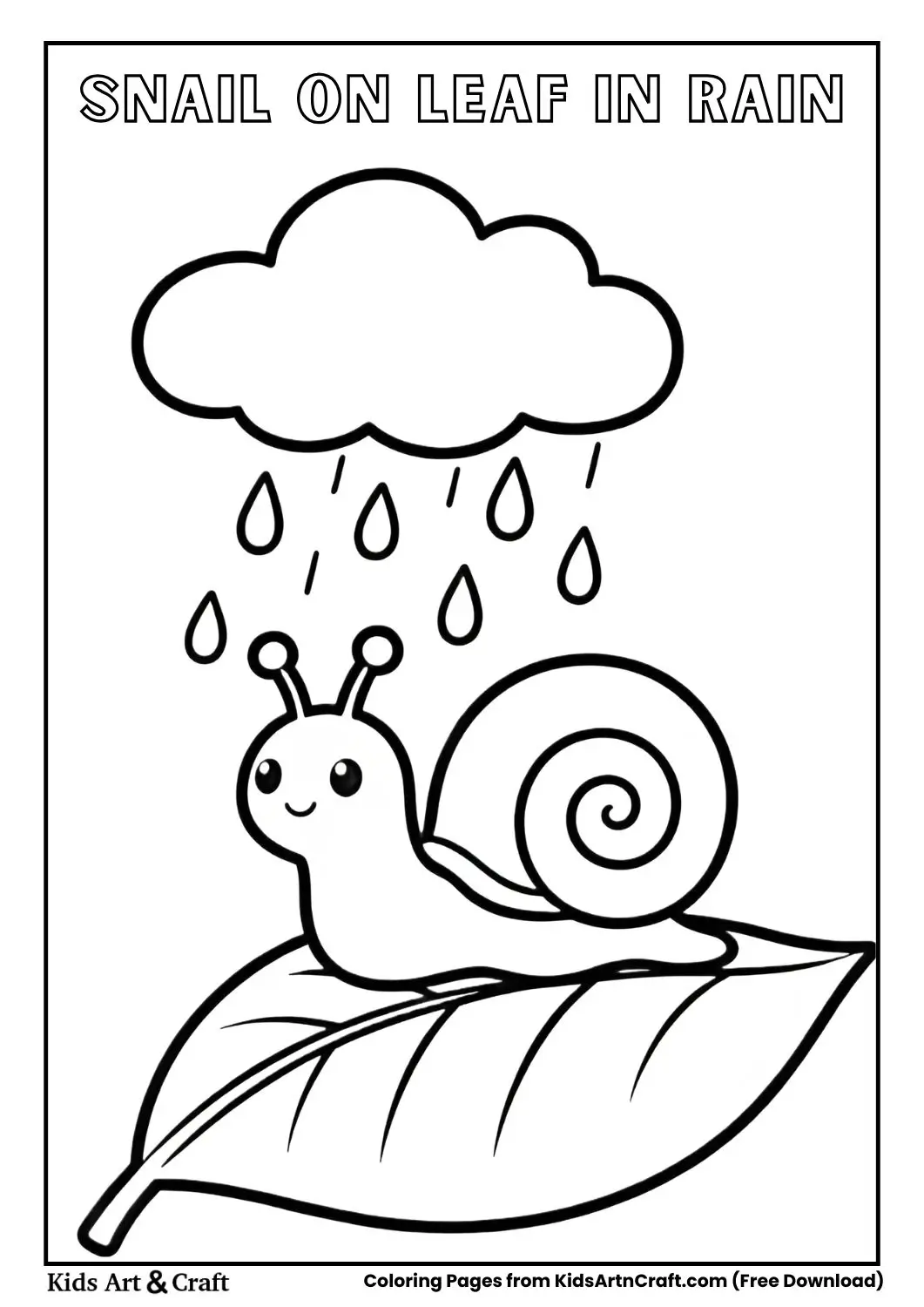Cute snail crawling on leaf during rain coloring page.