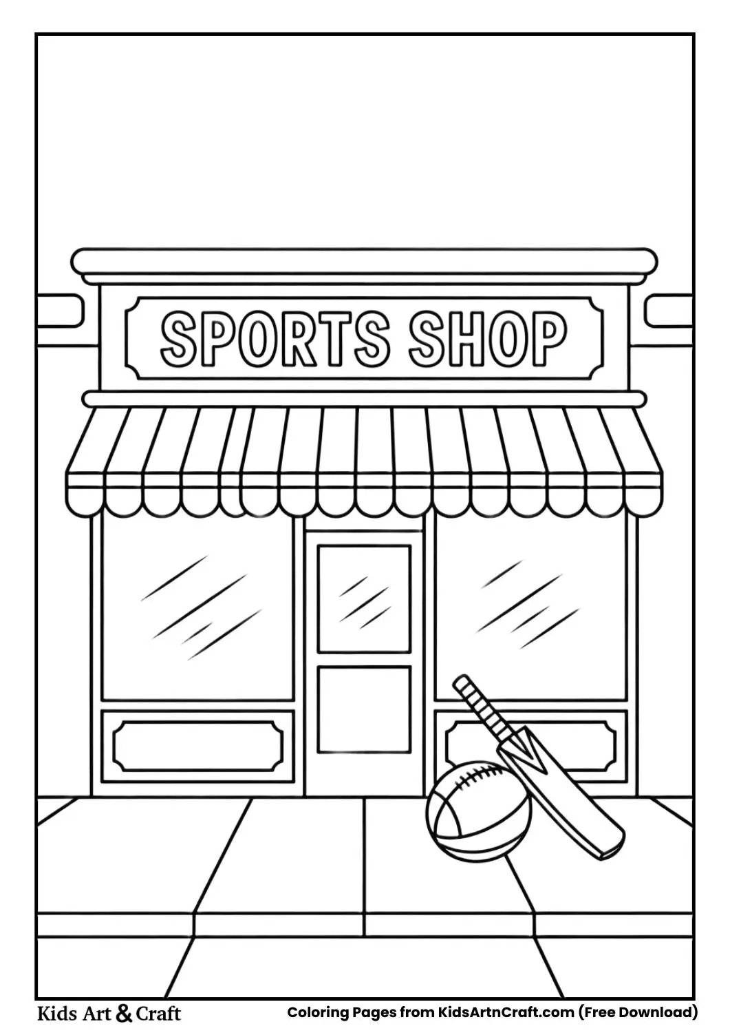 Sports Shop coloring page with football and cricket bat