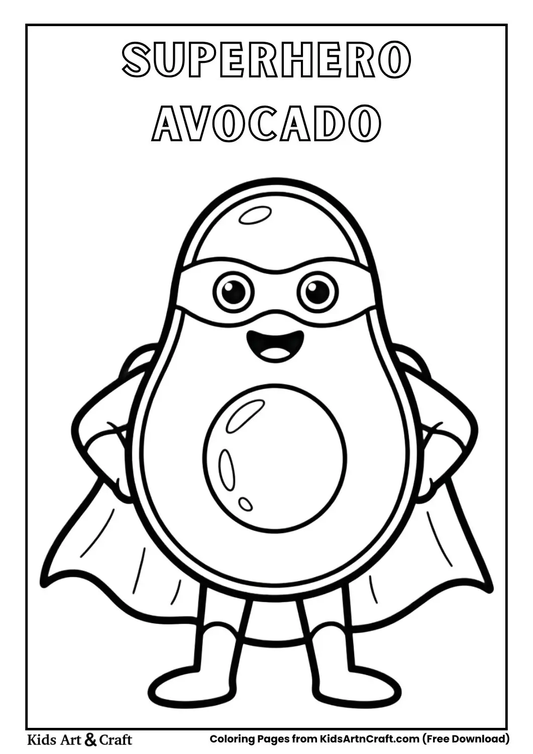 Cute avocado superhero with cape cartoon coloring page