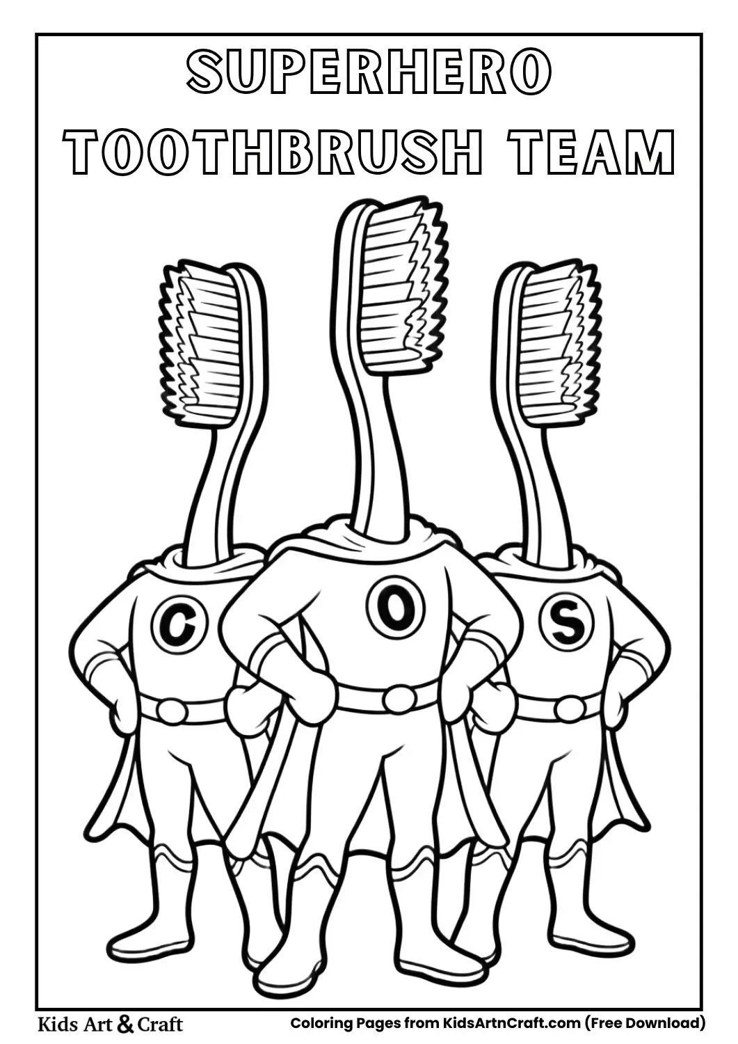 Group of toothbrush superheroes posing coloring page