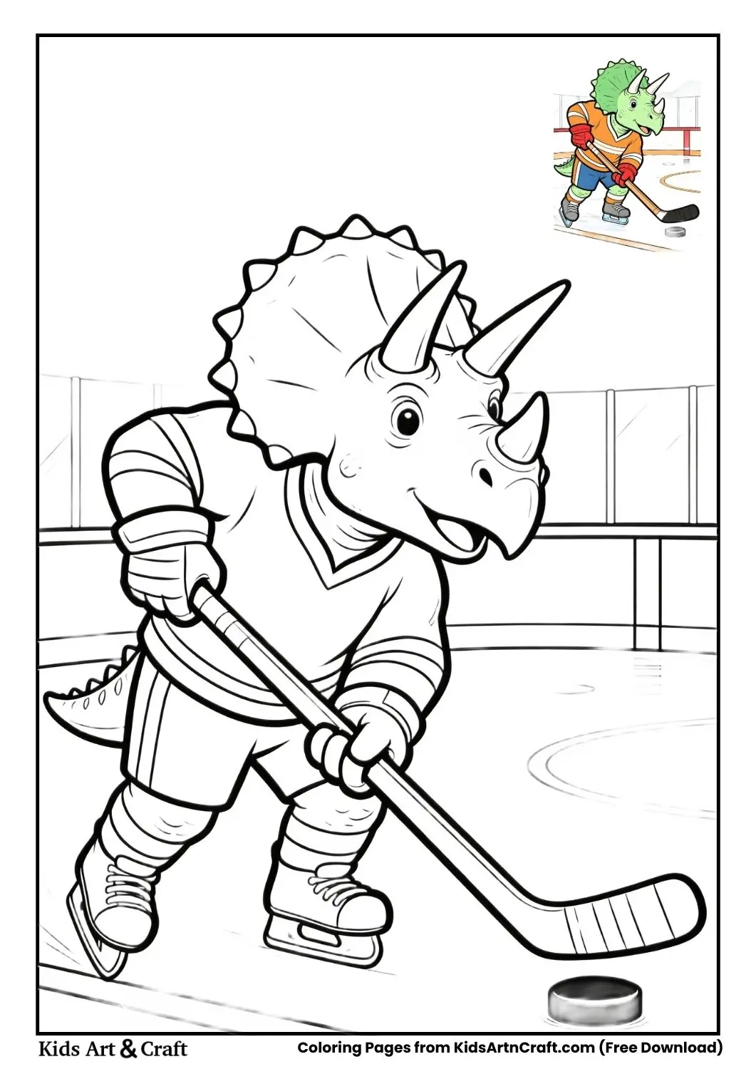 Black and white Triceratops holding a hockey stick and puck