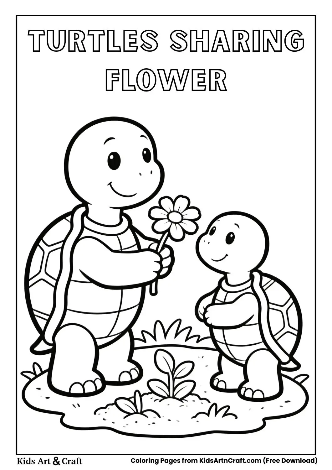 Two turtles in garden with flower and heart