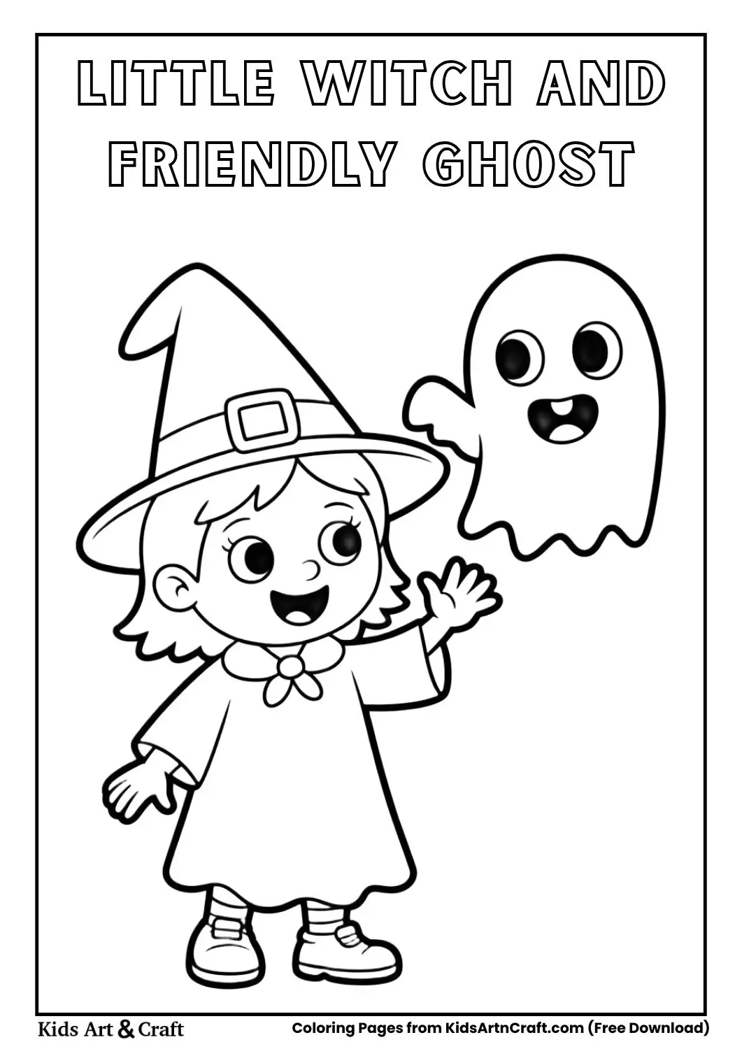 Little witch waving to friendly ghost coloring page