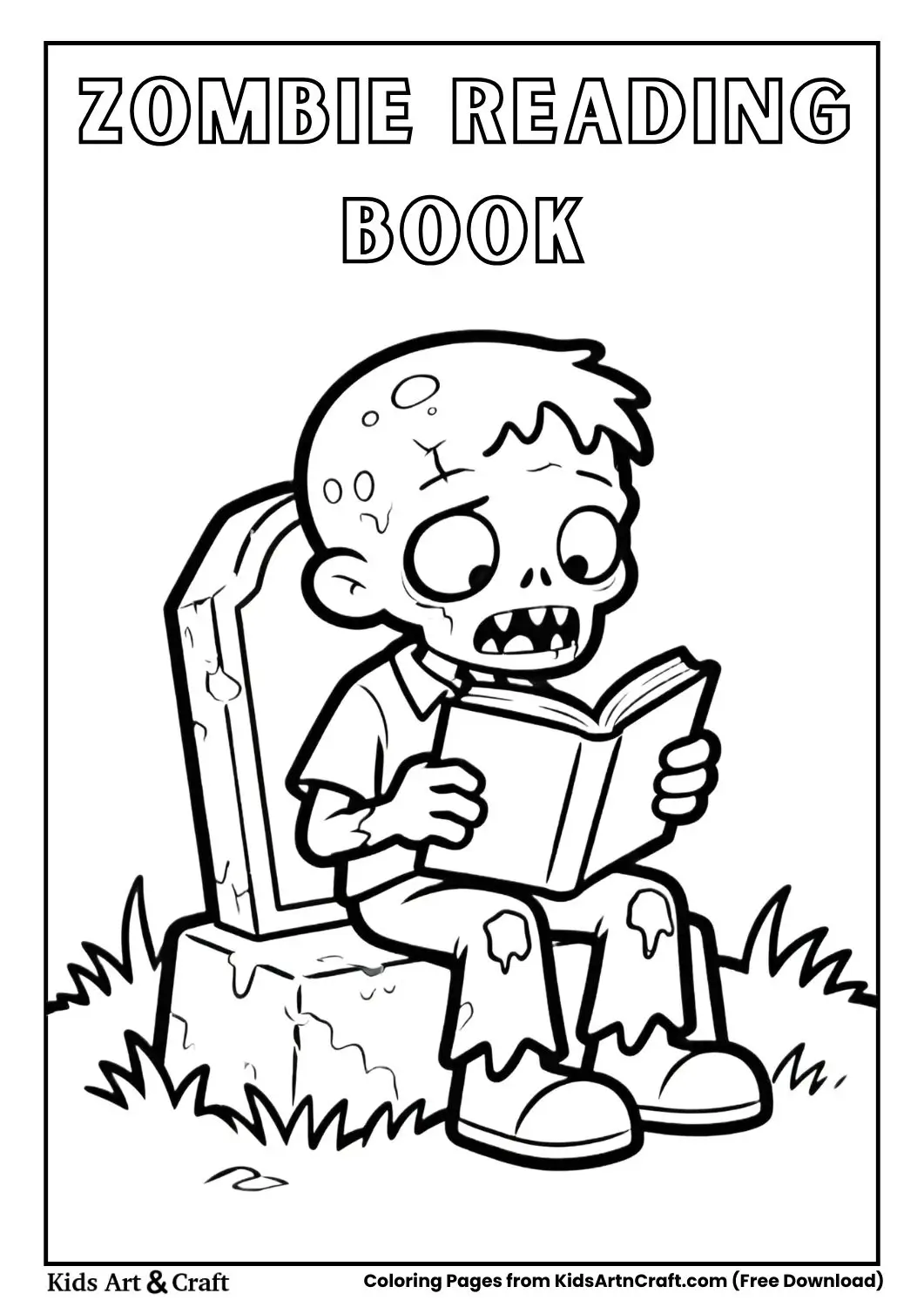 Cute zombie reading a spooky book Halloween coloring page