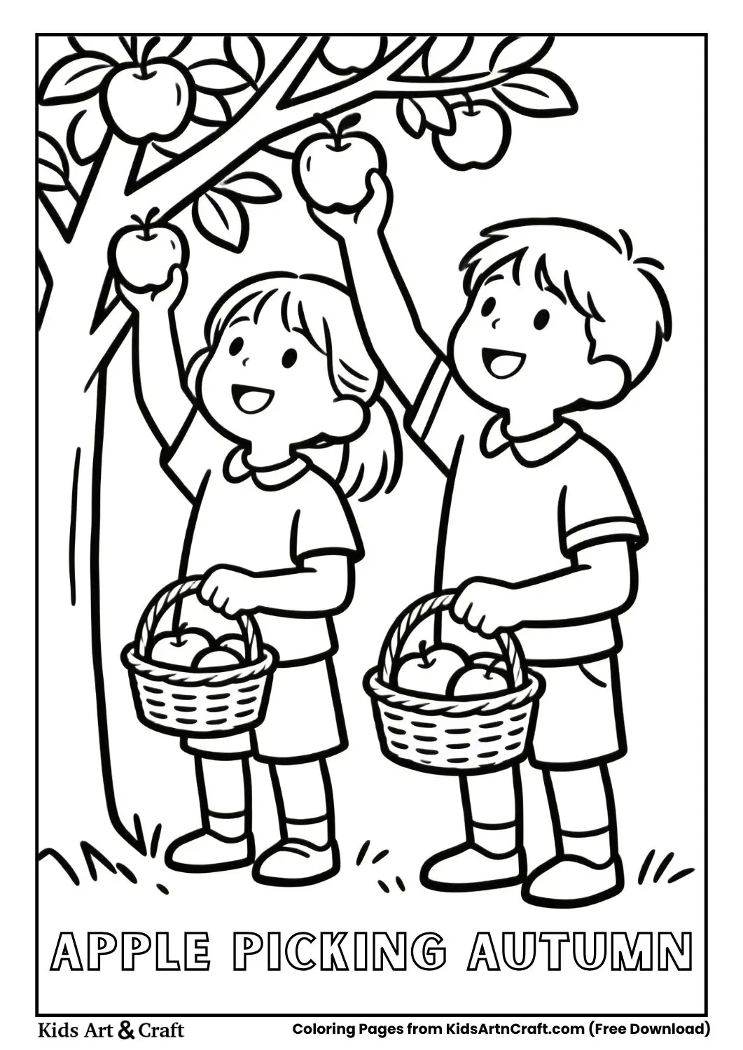 Kids picking apples from tree coloring page