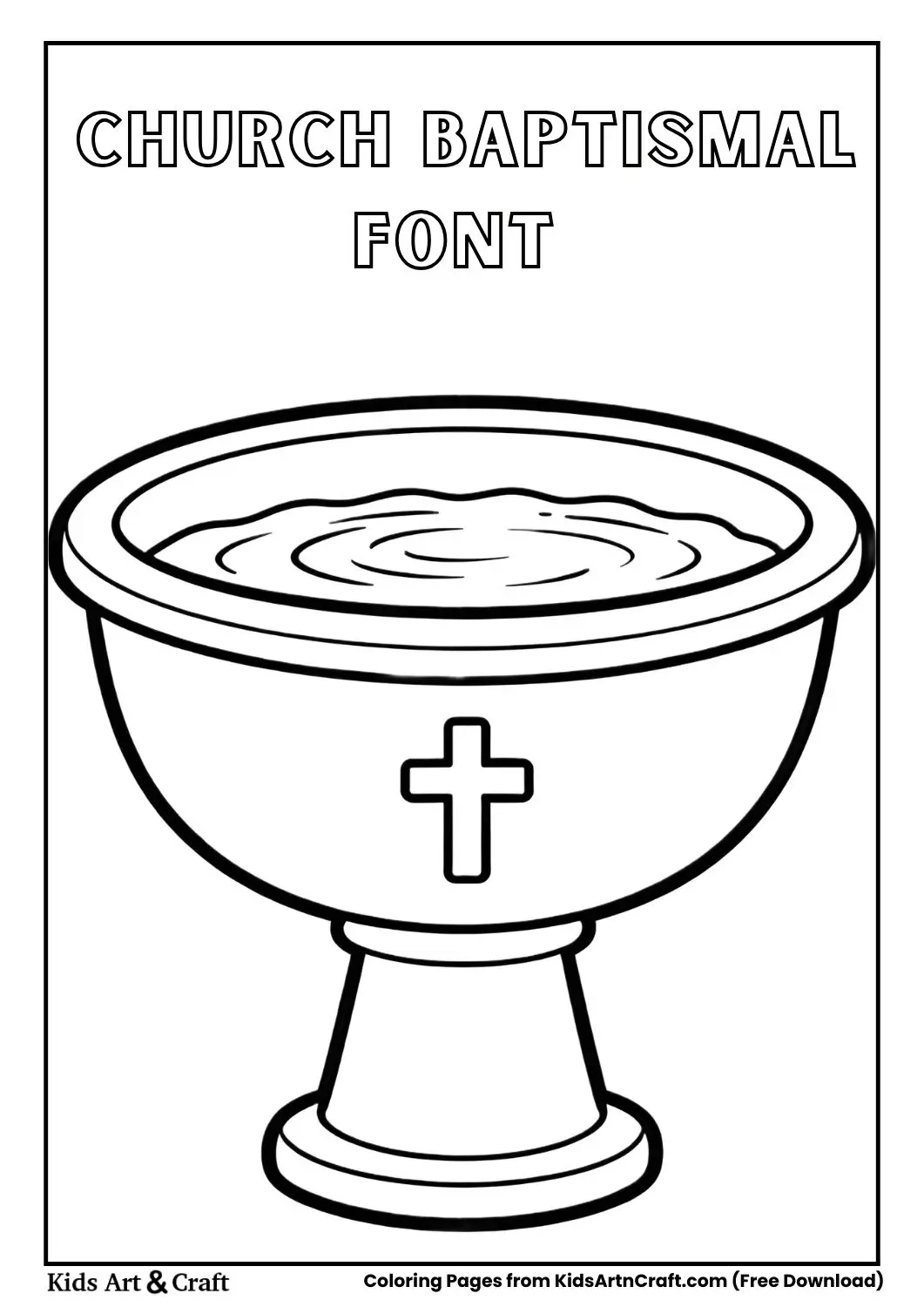 church baptismal font with water and cross decoration coloring page