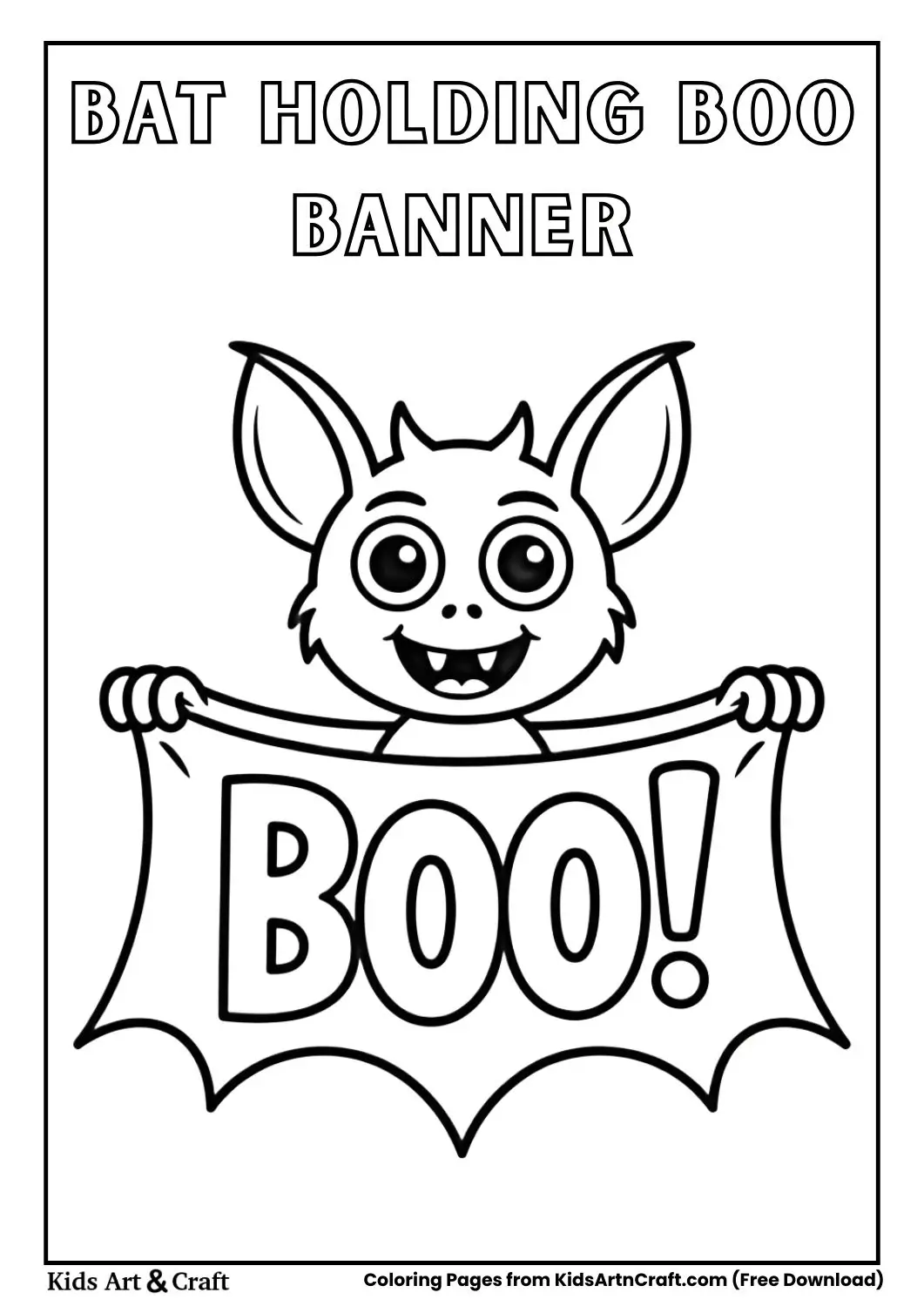 Cartoon bat holding boo banner Halloween coloring page