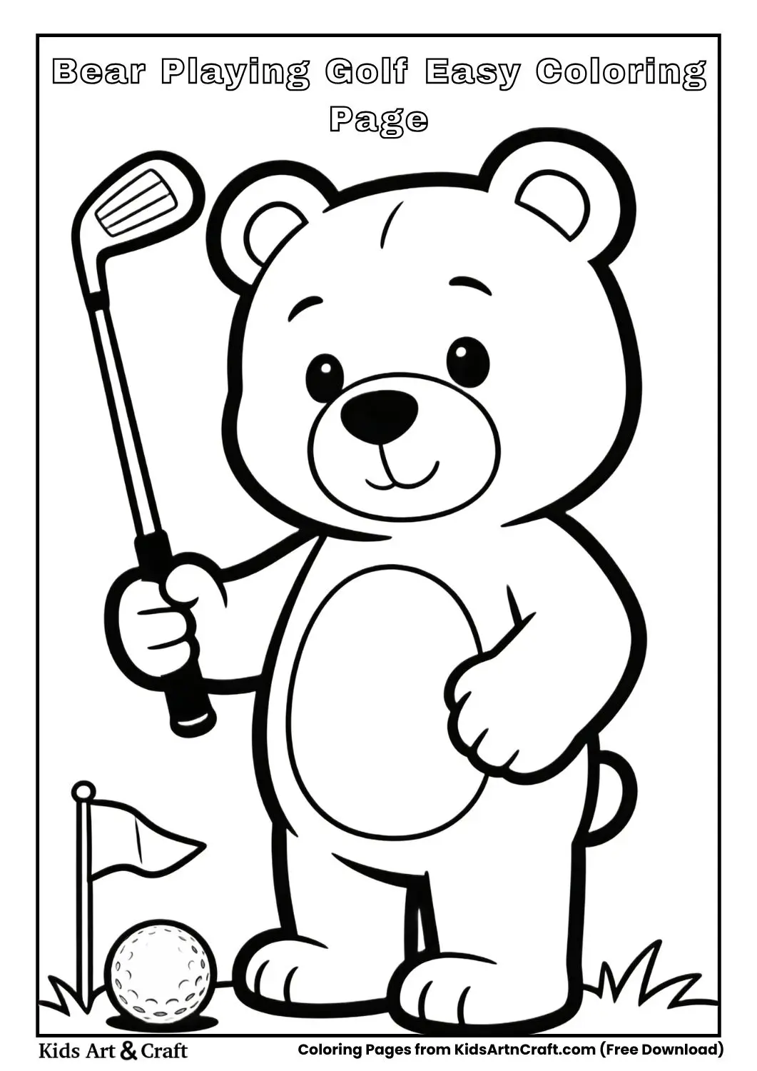 Bear holding golf club near flag simple coloring page