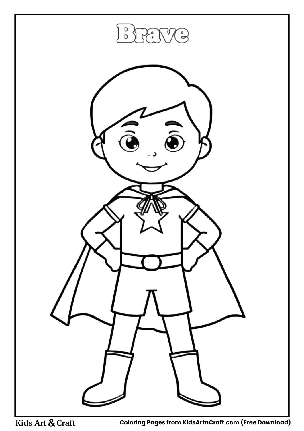 Brave kid emotion coloring page with child standing like a superhero