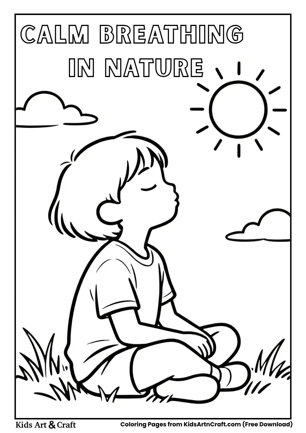 child breathing calmly in nature simple mindfulness coloring page