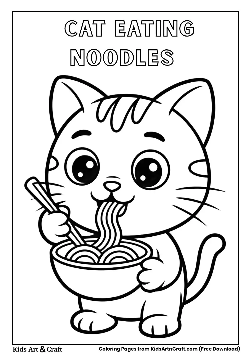 Cute cat eating noodles cartoon coloring page