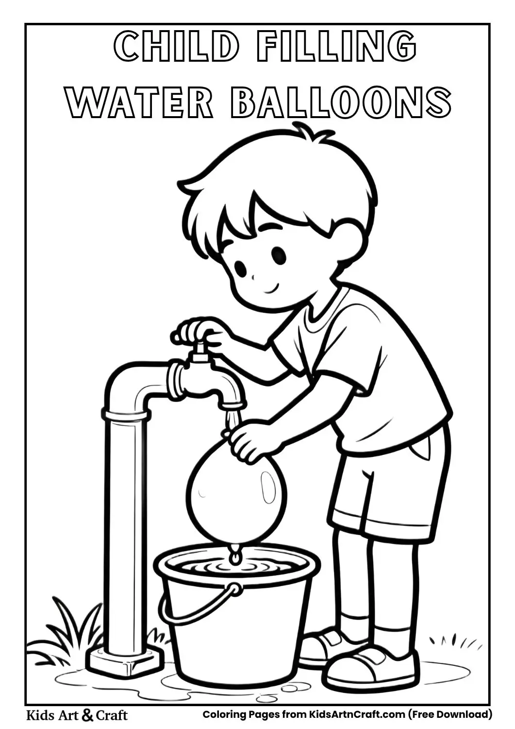 child filling water balloons from a tap coloring page black and white