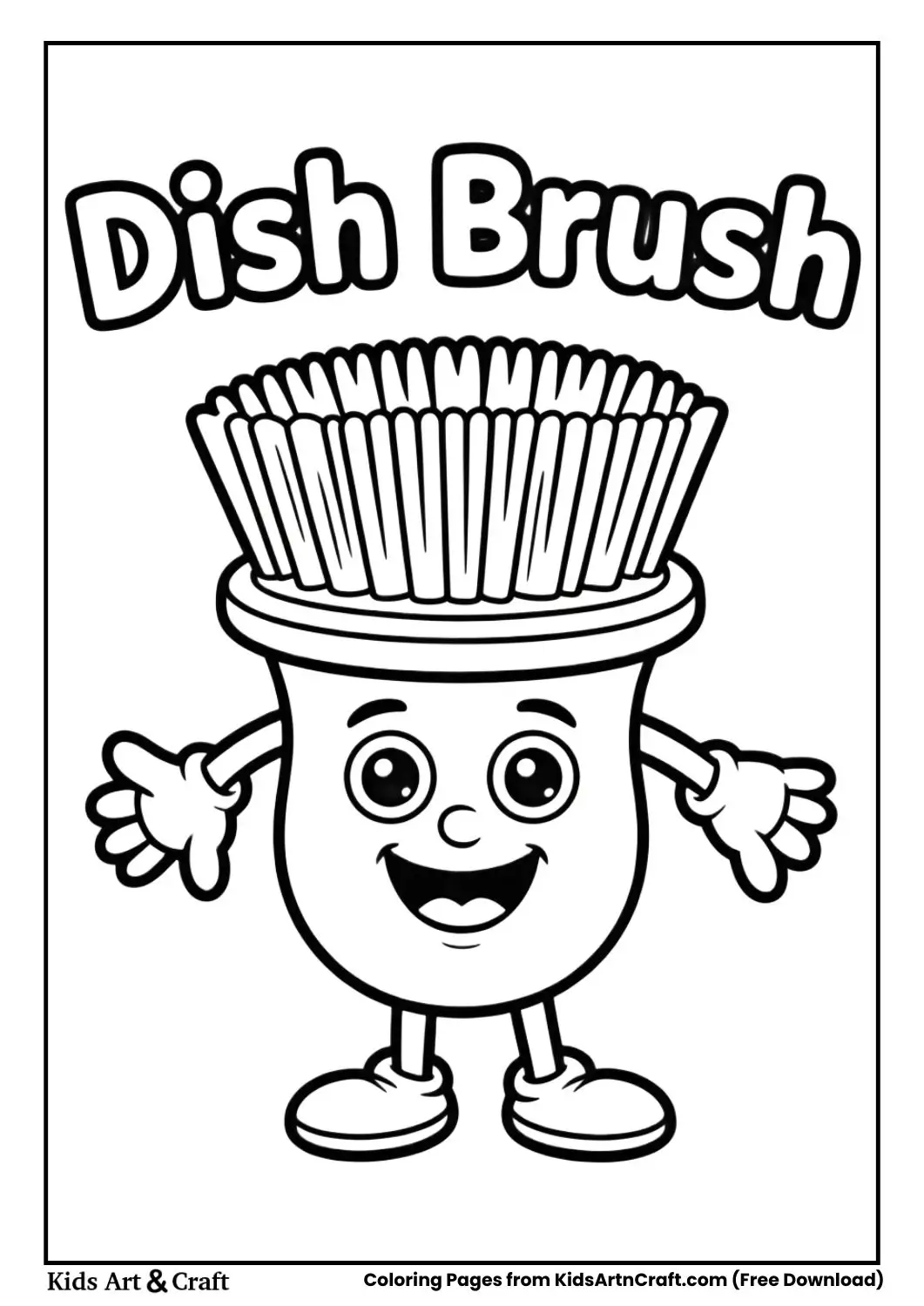 Cartoon dish brush coloring page labeled dish brush