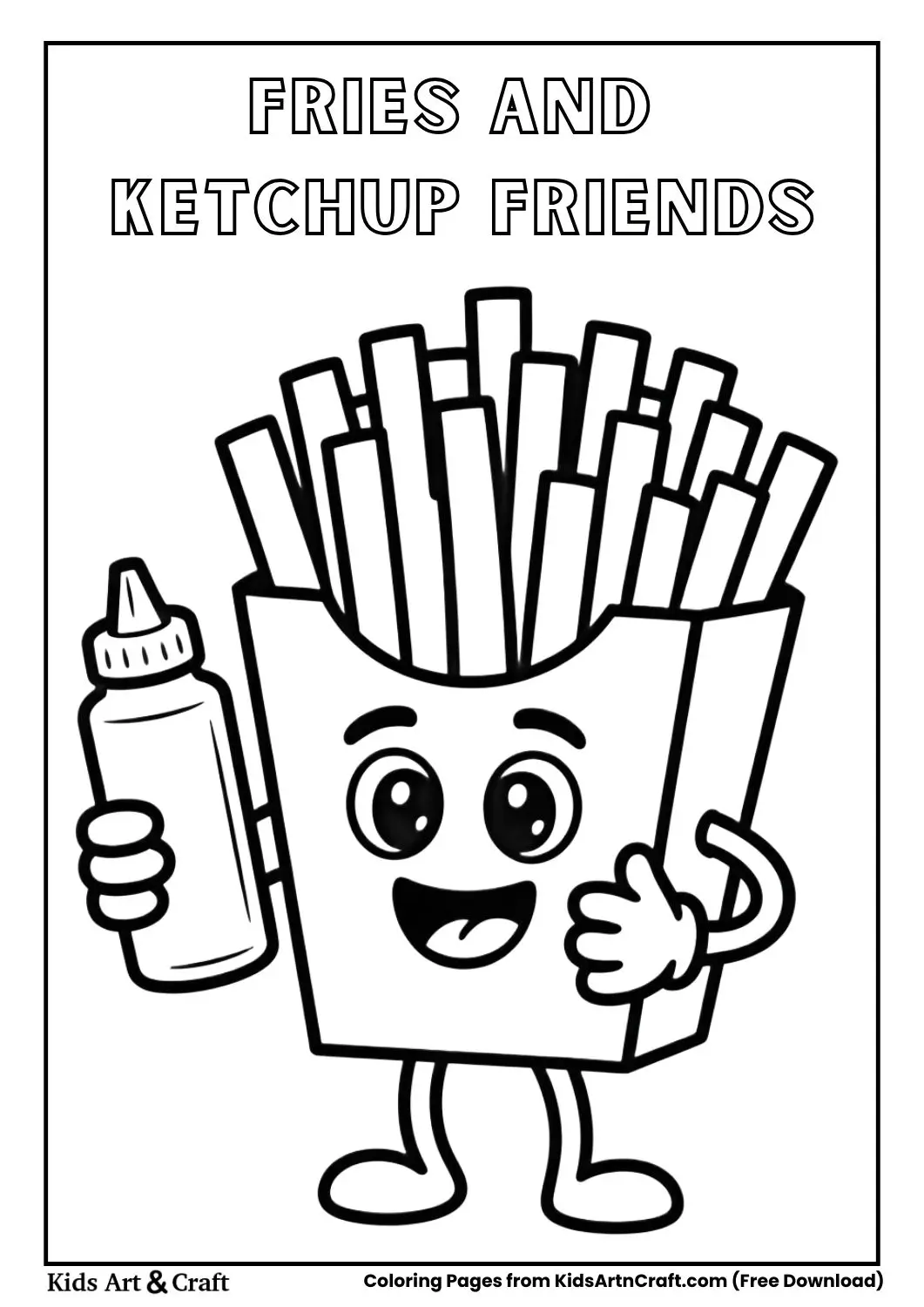 Cute fries box holding ketchup bottle coloring page