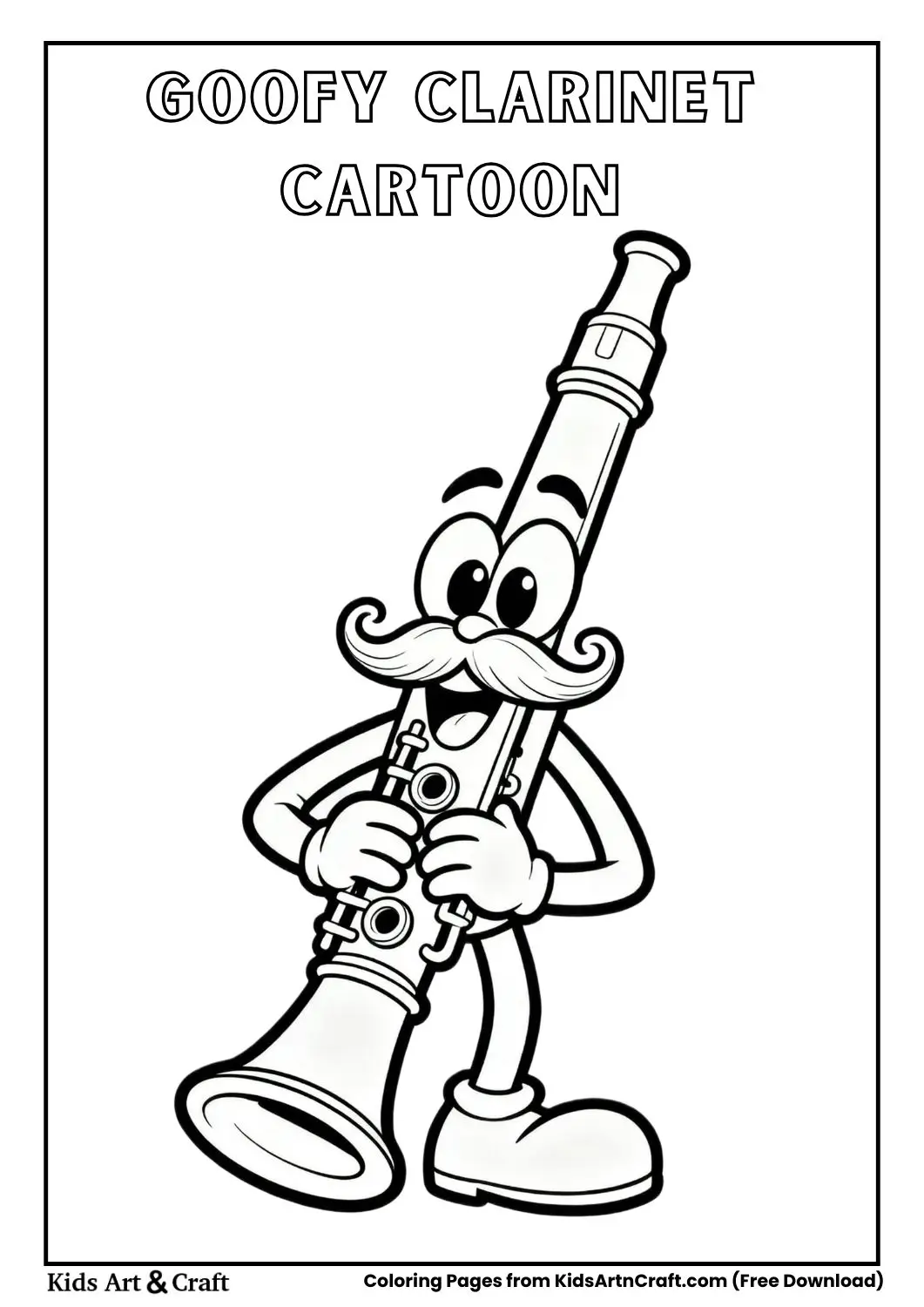 cartoon clarinet with big eyes and curly mustache black and white coloring page