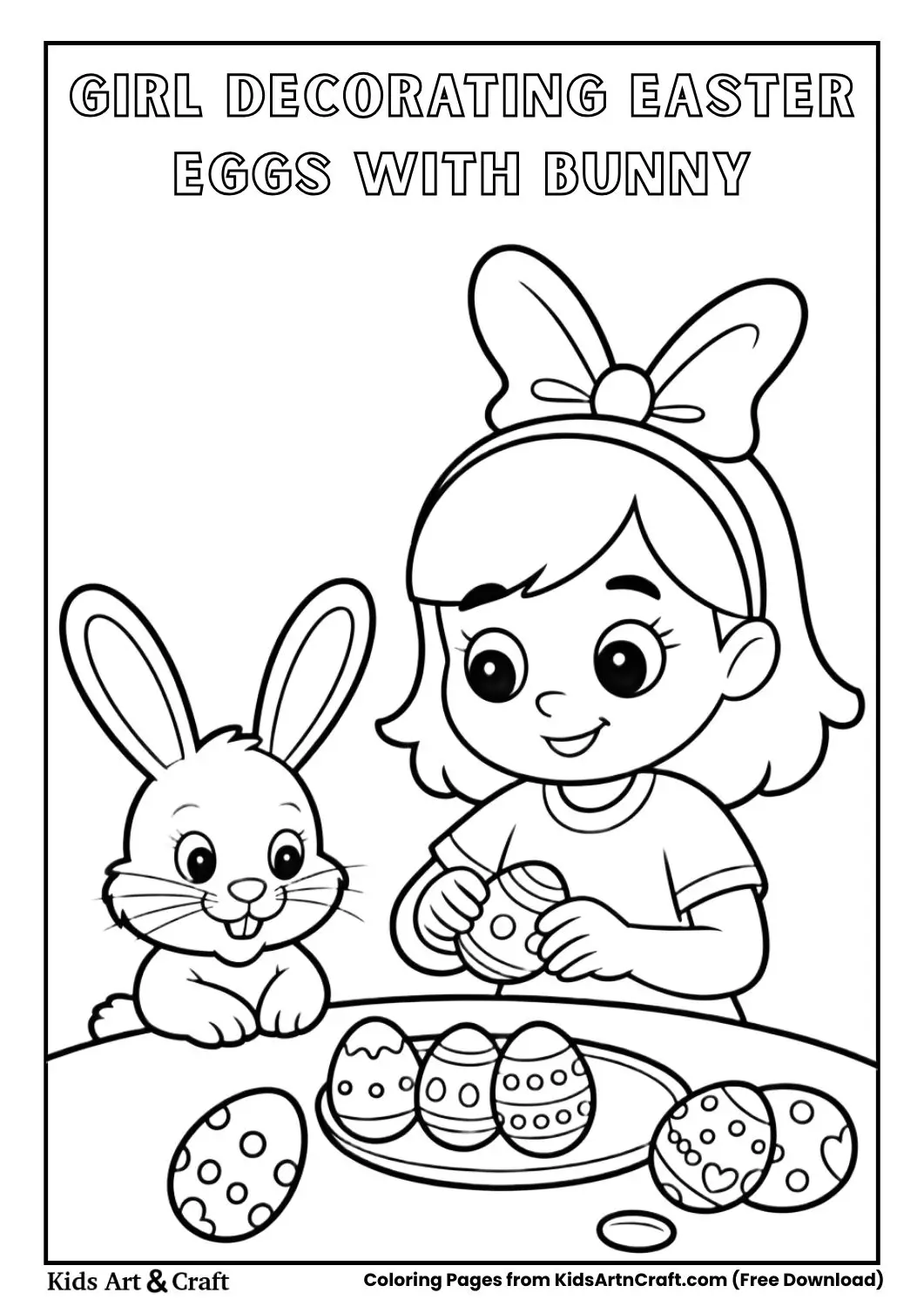 Girl decorating Easter eggs while bunny watches coloring page