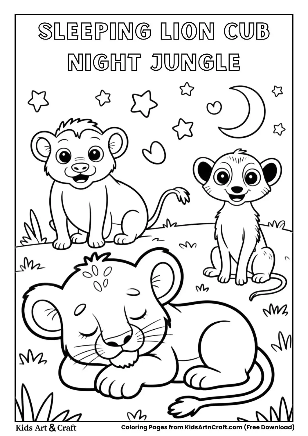 Lion cub sleeping peacefully while warthog and meerkat watch coloring page