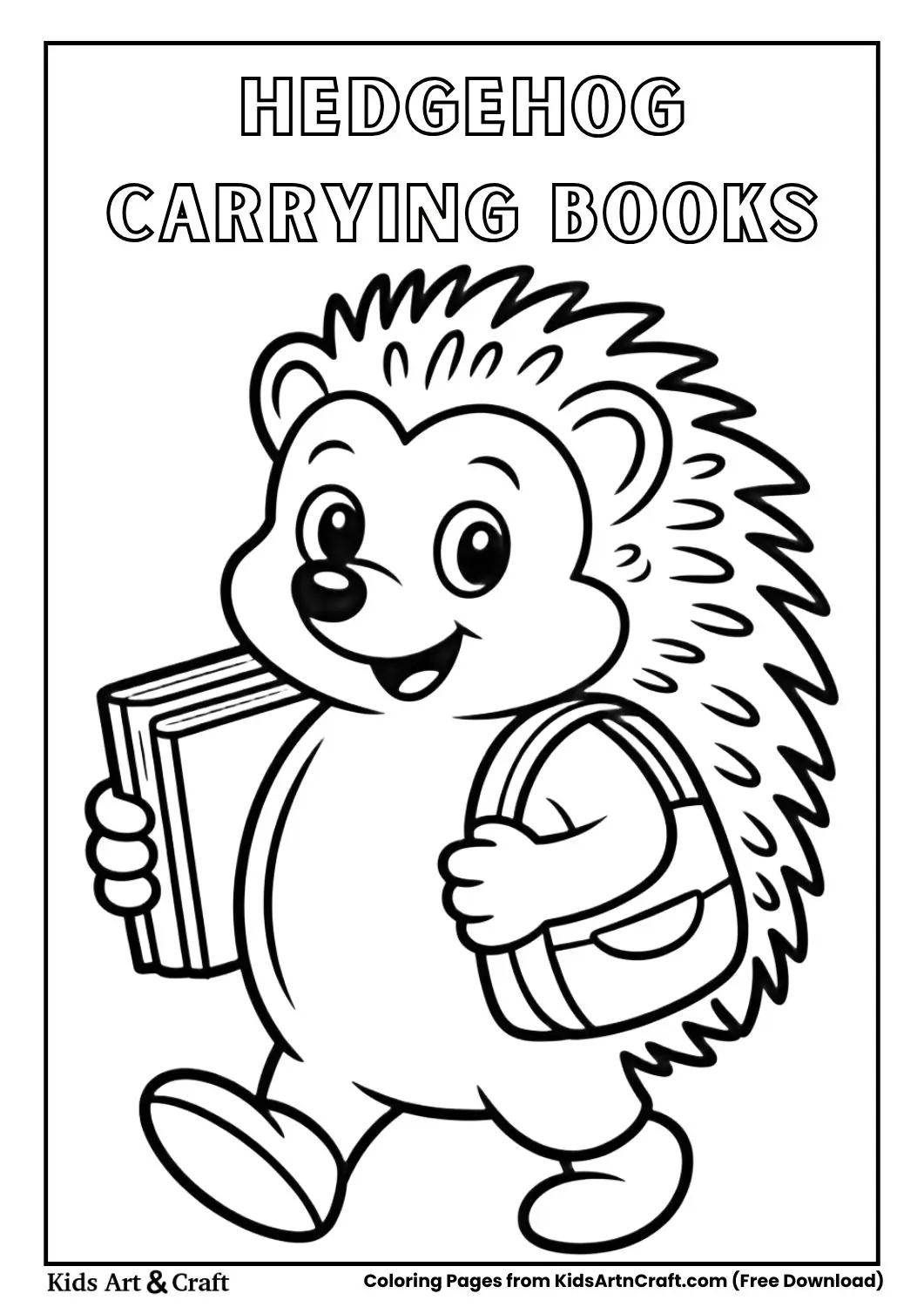 Cute hedgehog carrying books and wearing school bag coloring page