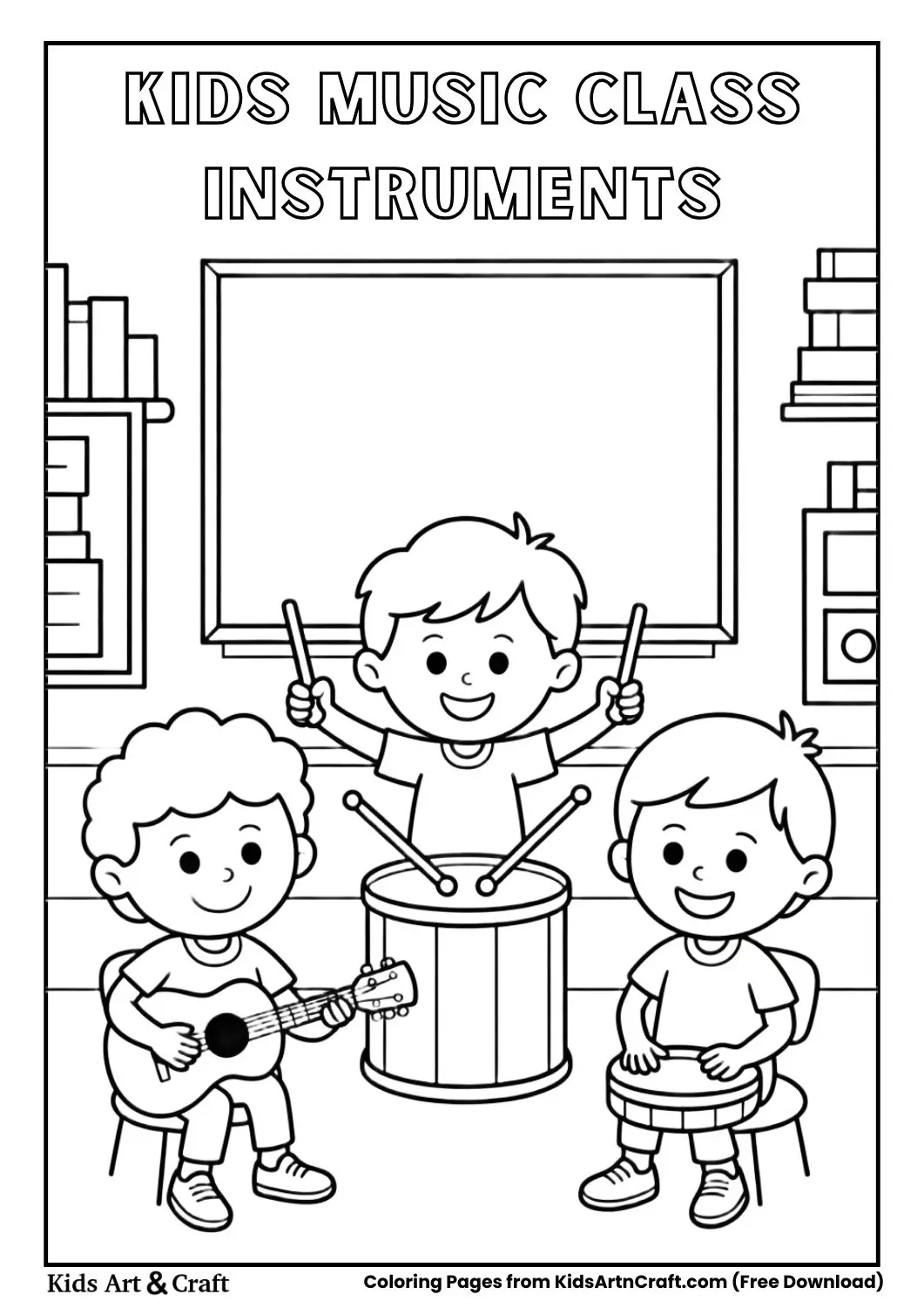 kids playing instruments in music class coloring page