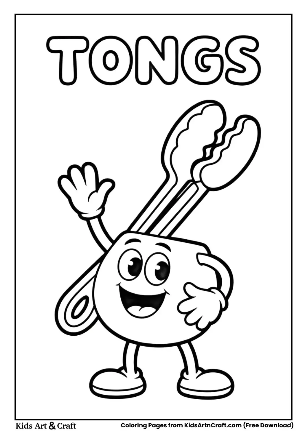 Cartoon kitchen tongs black and white coloring page with the word TONGS on top