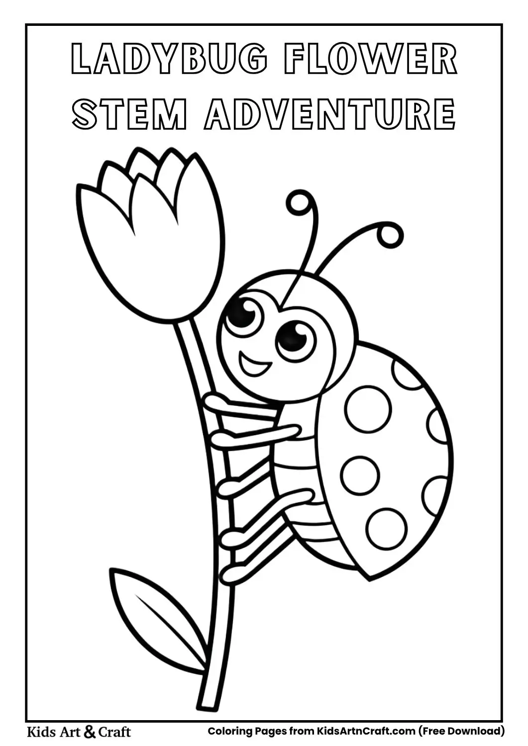 Cute ladybug climbing a flower stem black and white kids coloring page