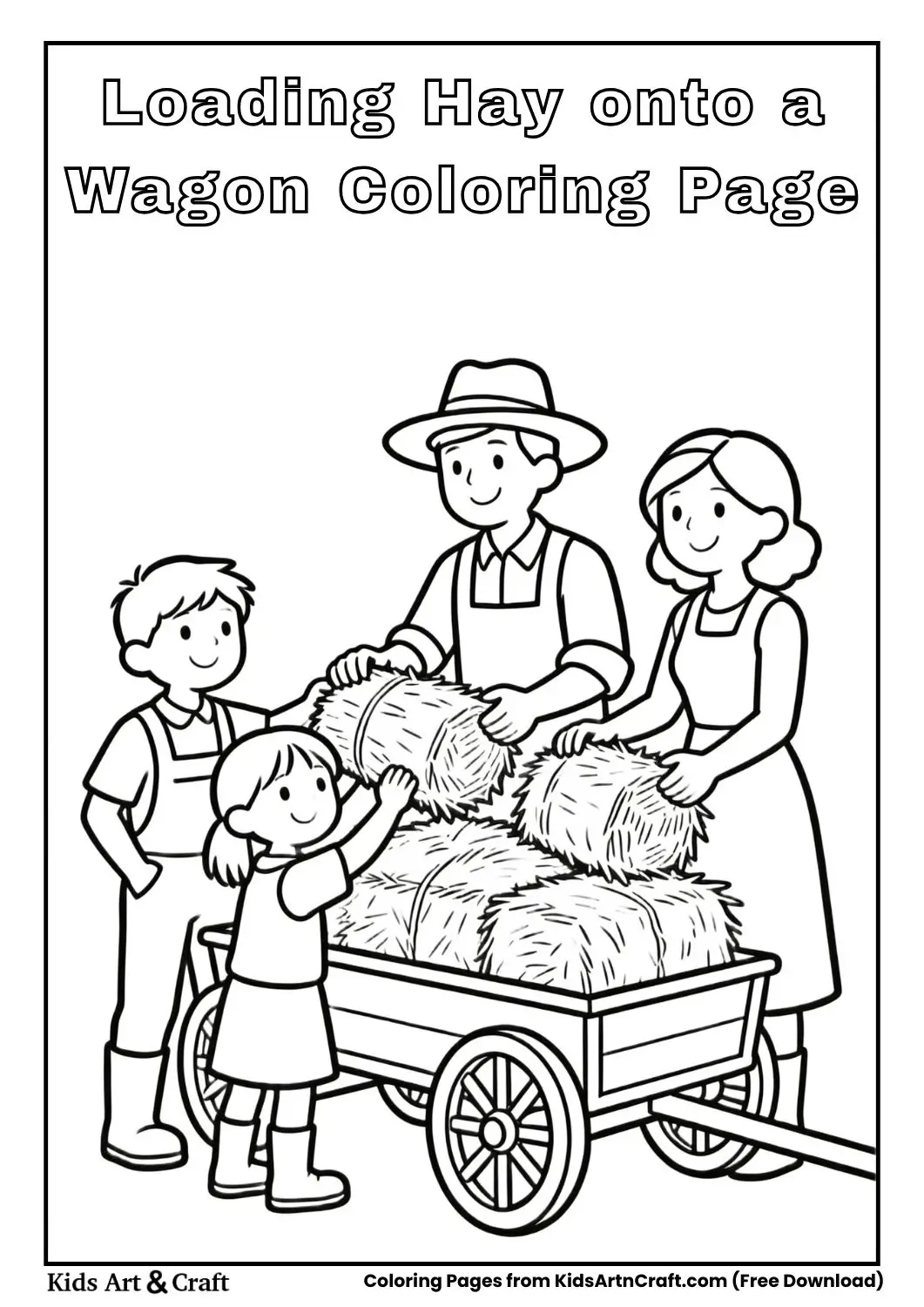 Black and white coloring page of a family loading hay onto a farm wagon.