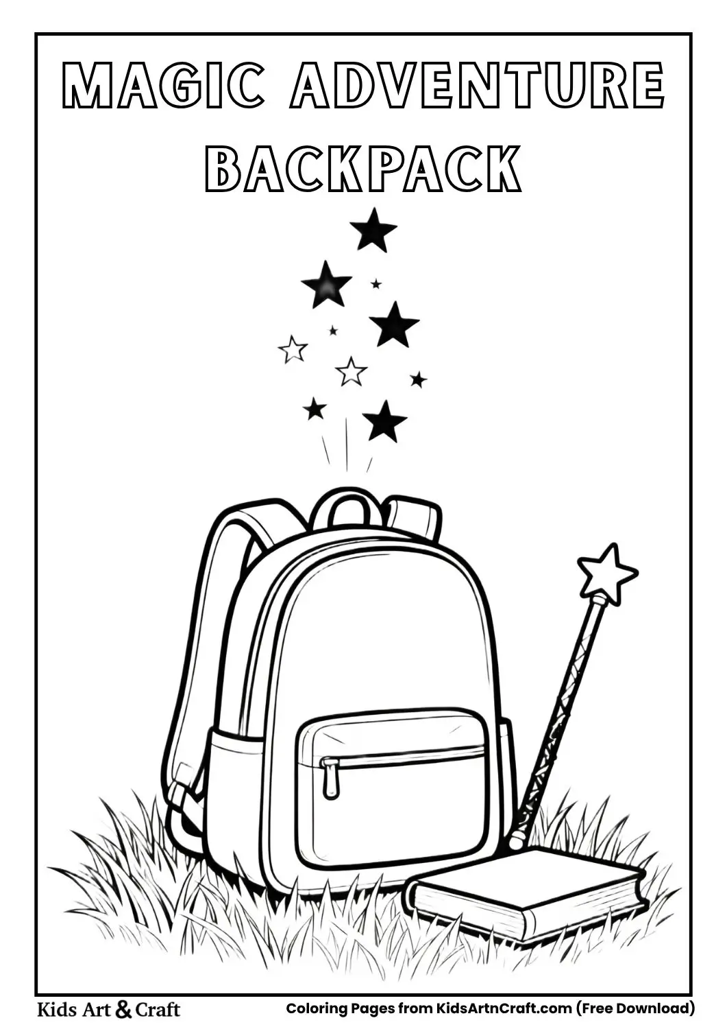 simple magic backpack with stars and book coloring page for kids