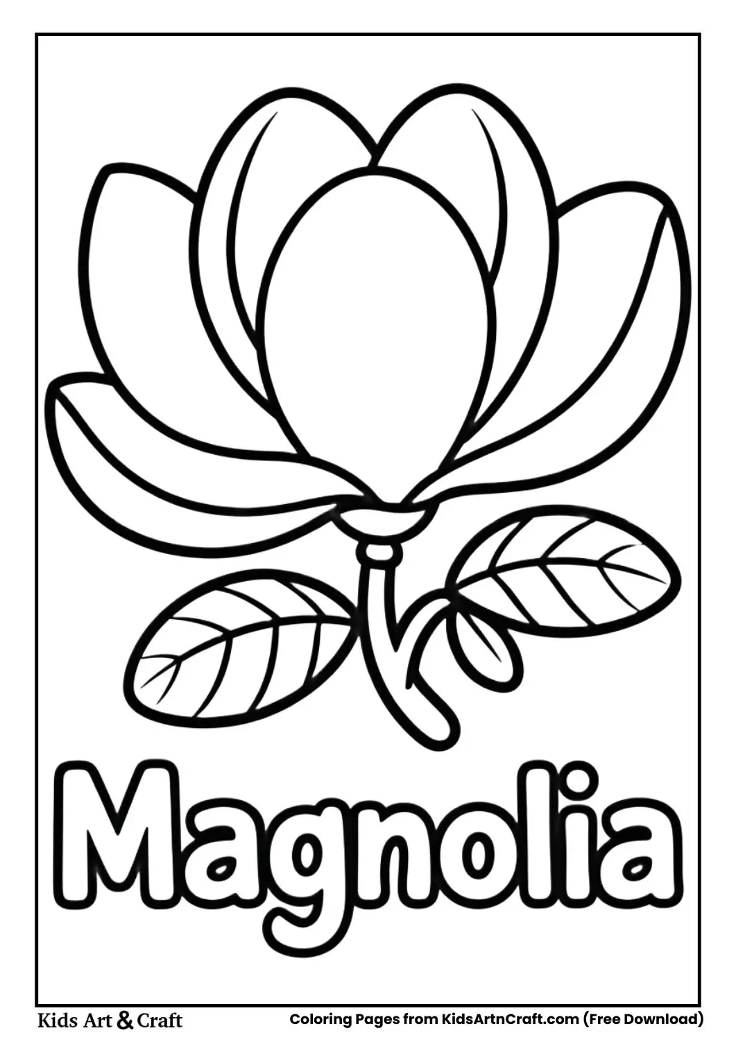 Magnolia flower black and white coloring page with the name Magnolia