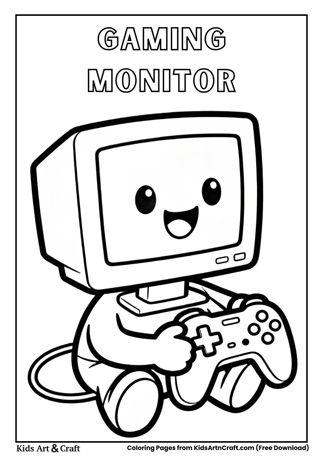 Cute computer monitor playing video games cartoon coloring page