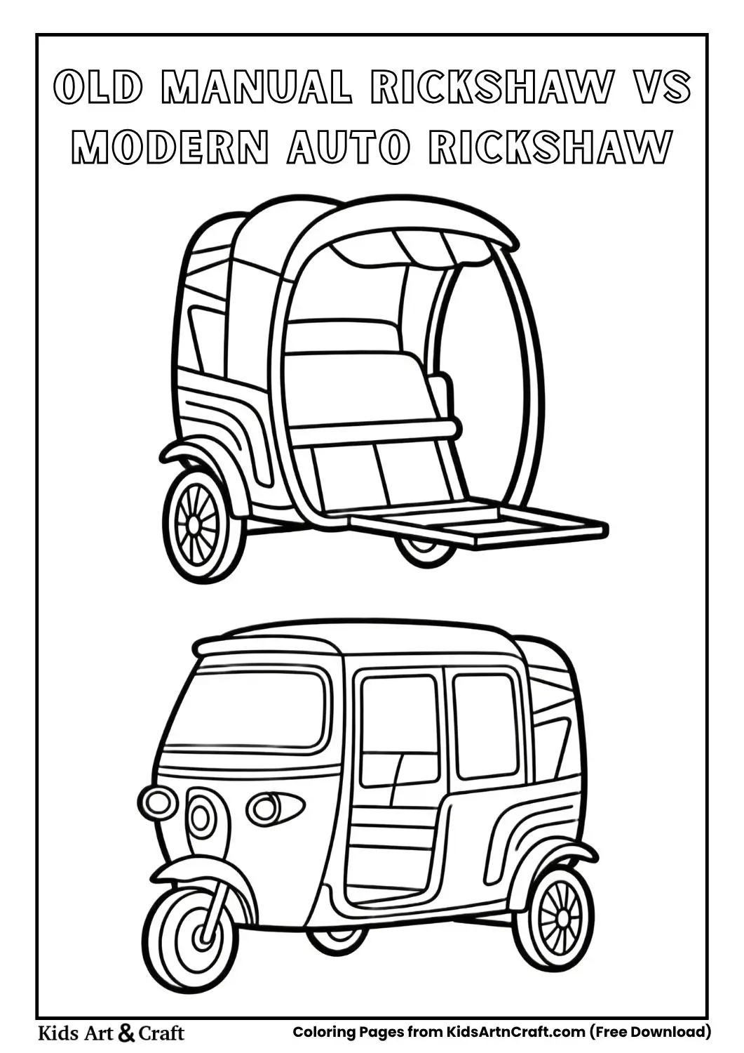 Old hand-pulled rickshaw and modern auto rickshaw coloring page
