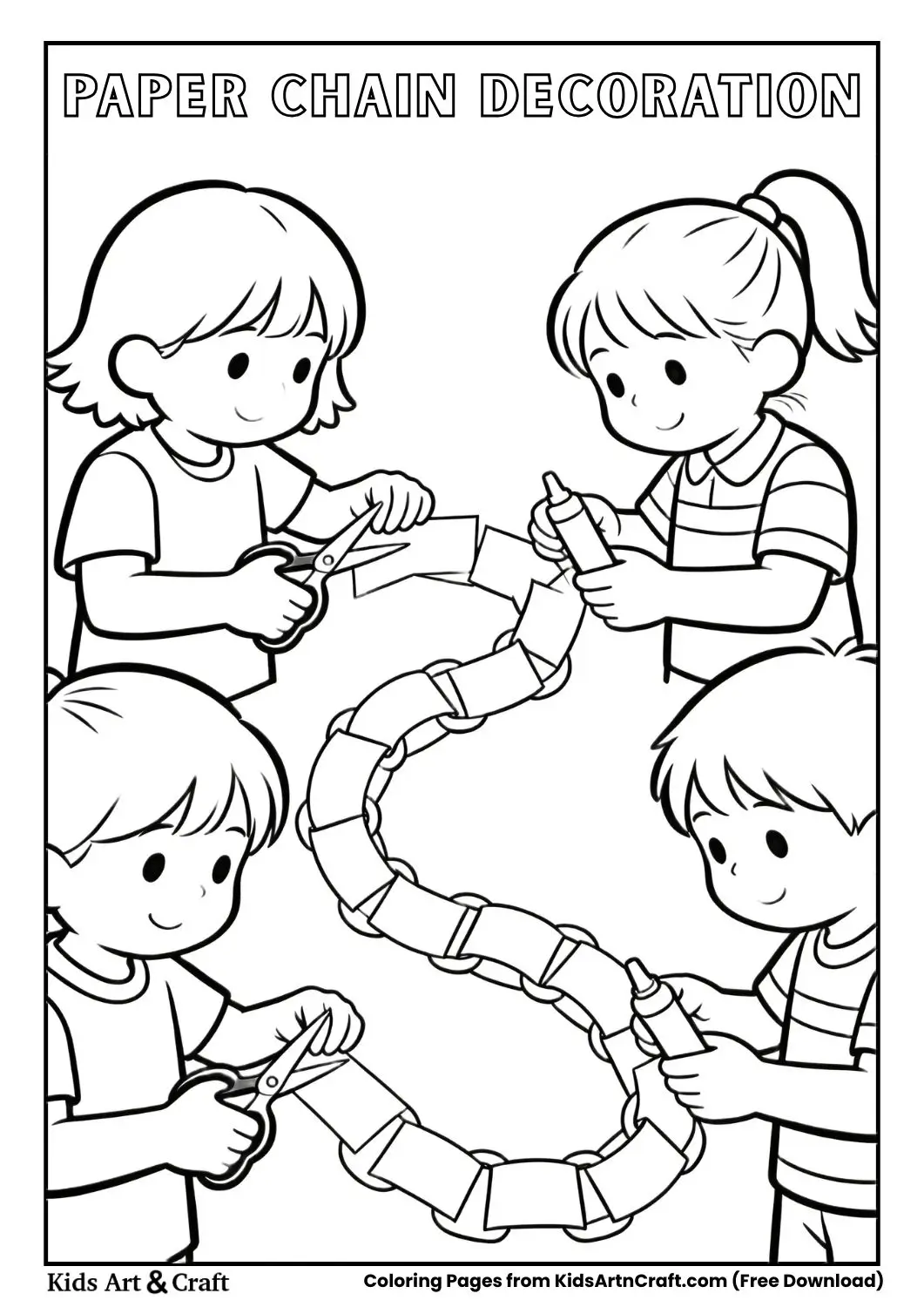 Black and white coloring page of kids making paper chain decorations