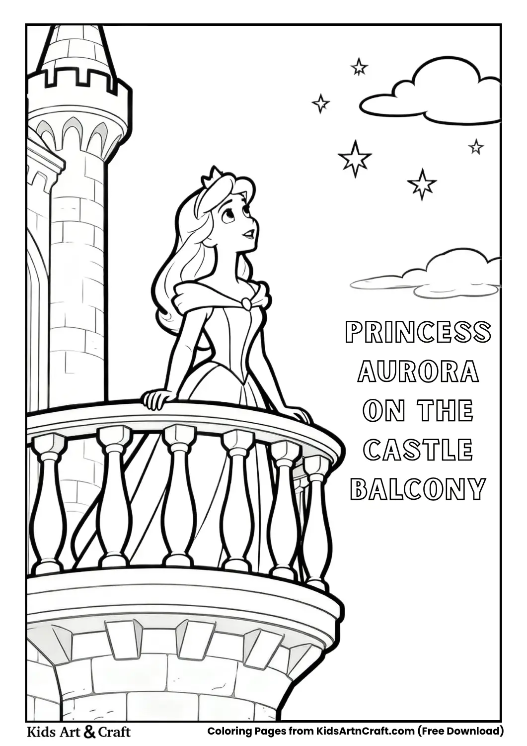 Princess Aurora standing on castle balcony coloring page