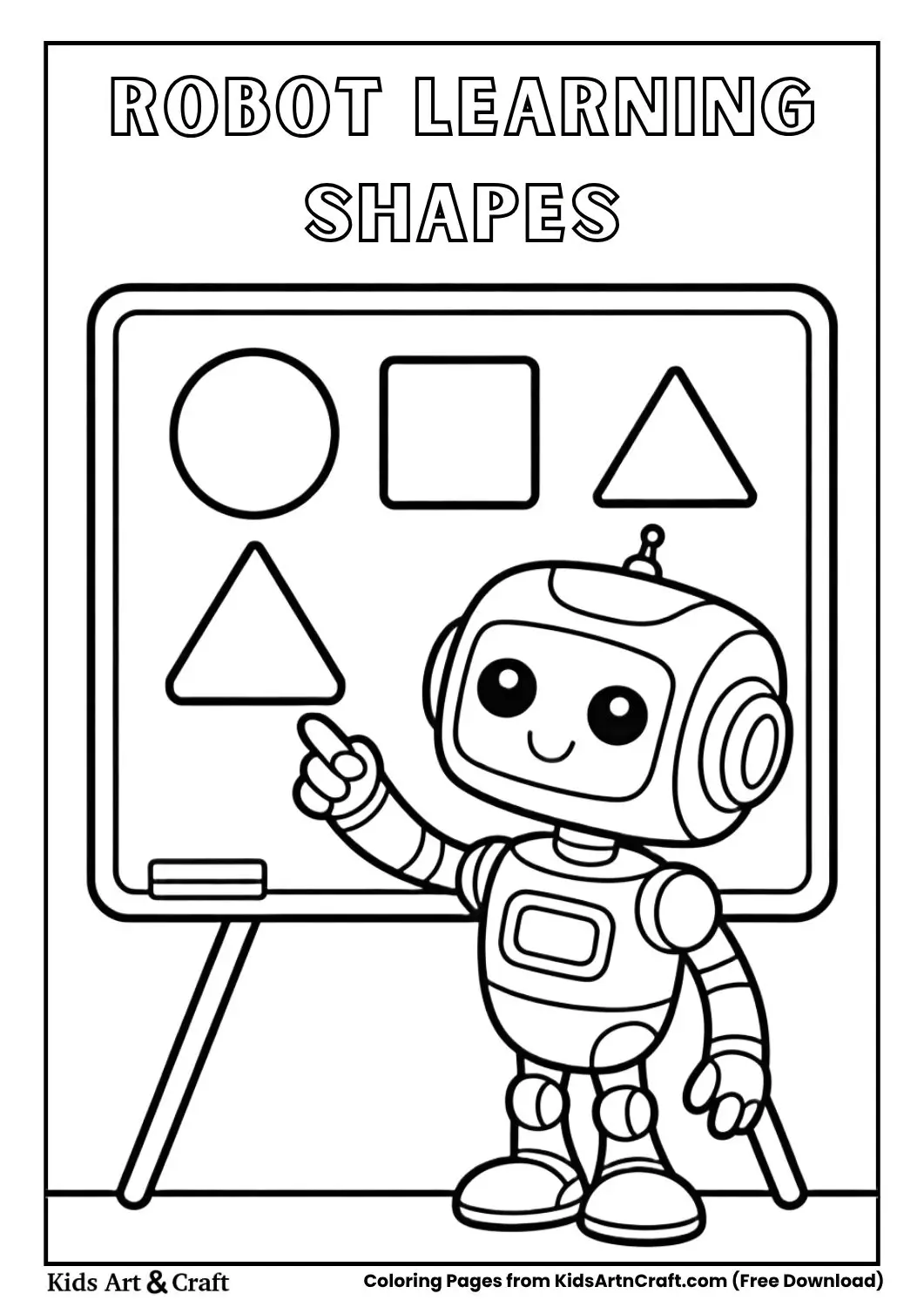 robot learning circle square and triangle on board simple kids coloring page