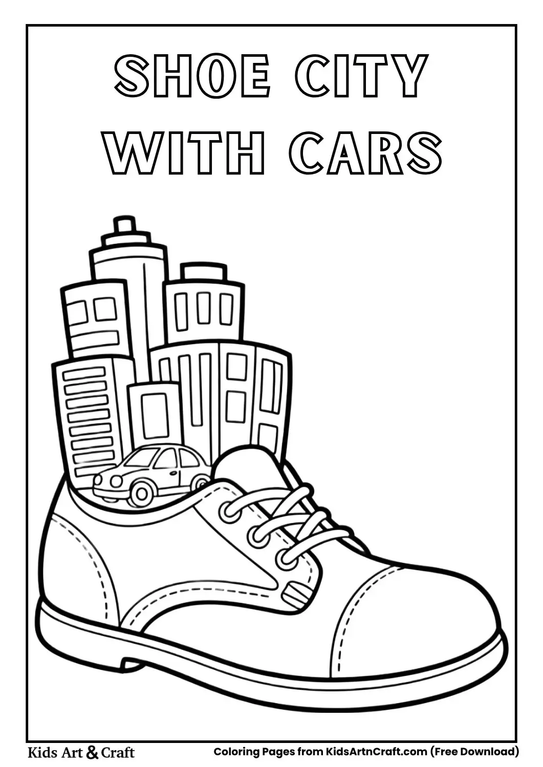 Shoe with a small city and simple cars inside black and white coloring page