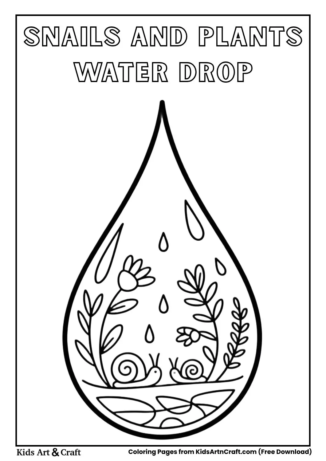 Snails and tiny plants inside a water droplet clean outline coloring page